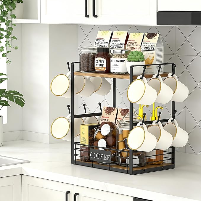 Coffee Mug Rack with 12 Hooks, 2-Tier Coffee Cup Holder with Shelf and Storage Basket, Kitchen Mug Organizer for Bar Kitchen Déco