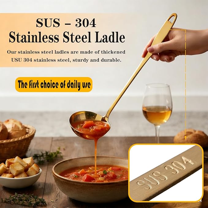 Soup Ladle, 2Pcs Stainless Steel Ladle spoon, 12.2Inch Metal Long Handle Serving Spoon for Cooking Buffet, Party, Kitchen, Gold