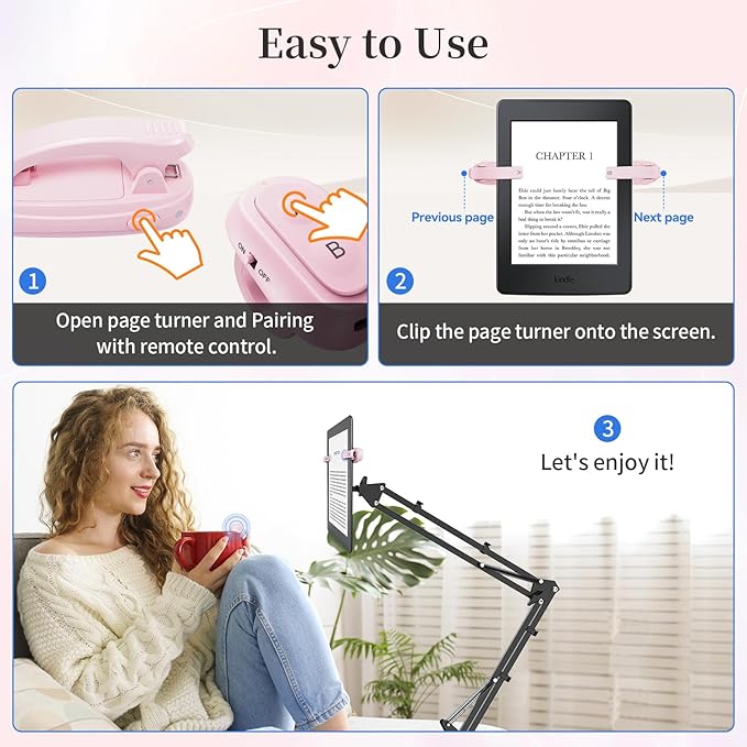 [2 Clips] Finger Ring Kindle Page Turner Remote Control for Paperwhite: Rechargeable Wireless Clicker for Reading on Bed for iPhone Android iPad, Camera Shutter & Video Record Accessories (Pink)