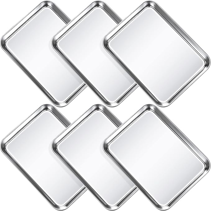 6 Pcs Baking Sheet Pan Set Stainless Steel Cookie Sheet Small Toaster Oven Pans Tray Barbecue Grill Pan Rectangle Trays Oven Freezer Bakery, Non-stick, Easy Clean, 9 x 6.7 x 1 Inches