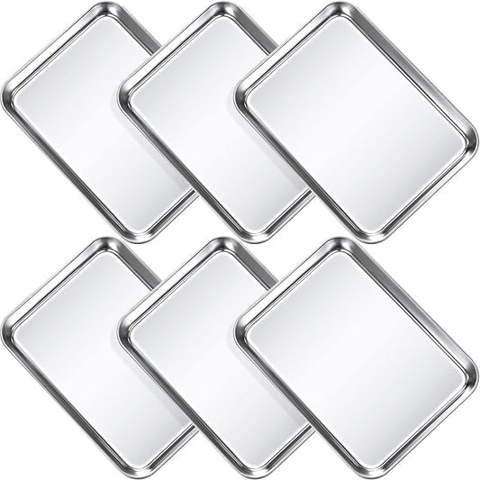 6 Pcs Baking Sheet Pan Set Stainless Steel Cookie Sheet Small Toaster Oven Pans Tray Barbecue Grill Pan Rectangle Trays Oven Freezer Bakery, Non-stick, Easy Clean, 9 x 6.7 x 1 Inches