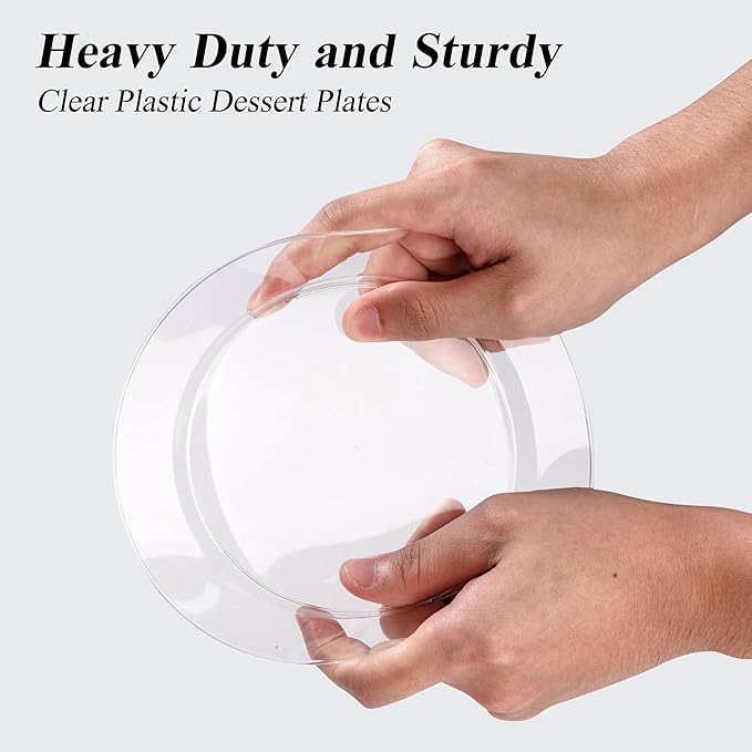 100PCS Clear Plastic Dessert Plates 7inch, Premium Hard Disposable Plates for Party, Wedding