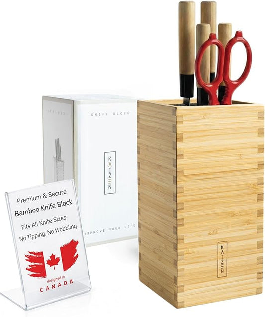 KAIZEN Bamboo Knife Block Without Knives - Perfectly Sized Universal Knife Holder for Knives, Scissors - Unique Knife Storage for Counter Top with Anti-Slip Base (Natural)
