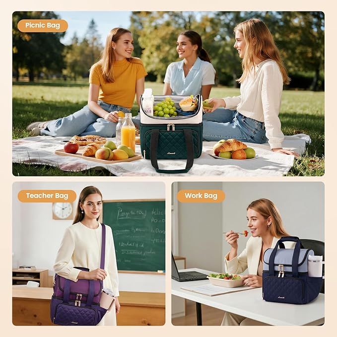 LOVEVOOK Insulated Lunch Bag For Women,Large Double Deck Adult Lunch Box,Teacher Lunch Tote Bag With Cup Holder,Leakproof Cooler Bag With Adjustable Shoulder Strap For Work Picnic Beach,Larger 15L