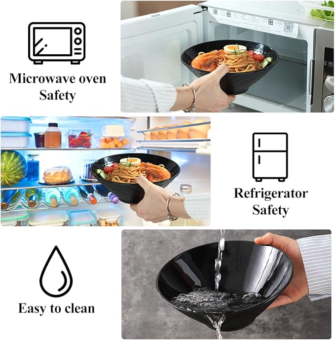 Kyraton Ramen Bowl Set 40oz with Chopsticks Dipping Bowls and Spoons: 2 large Unbreakable Japanese Style Plastic Noodle Soup Bowls for Asian Pho Soup Thai Miso Udon Wonton (Black, White)