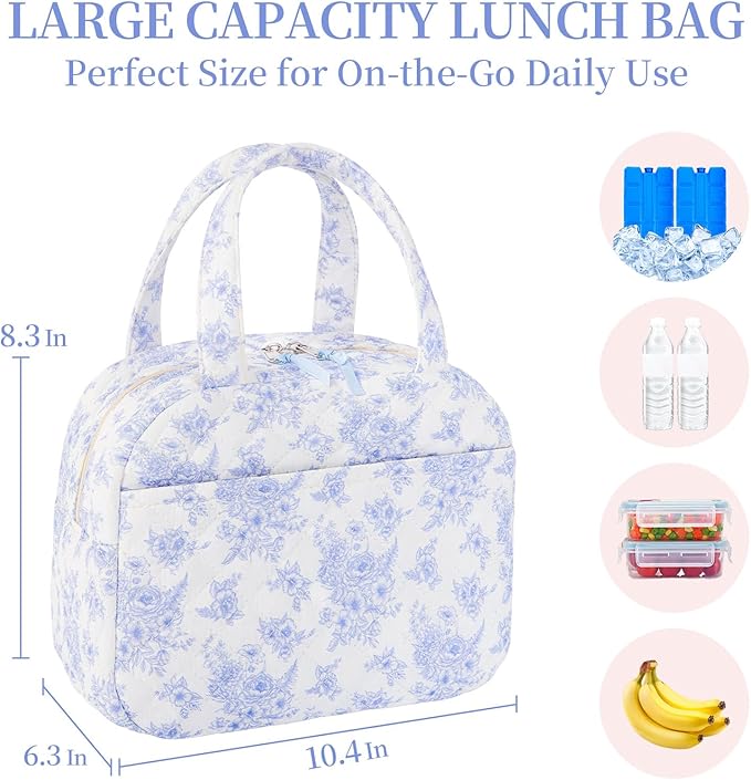 Quilted Lunch Box for Women,Coquette Aesthetic Lunch Box for Teen Girls,Cute Floral Lunch Bags for Work, School,Office,Picnic,Travel (Elegant Blue Floral)