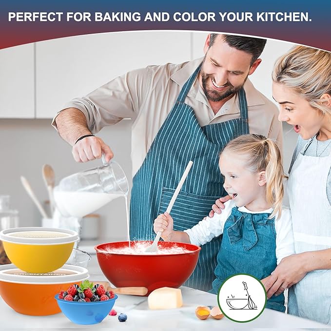 6-Piece Plastic Mixing Bowls Set with Airtight Lids, Nesting Bowls for Space Saving, TPR Sealed & PP5 Leak-Proof Lids, for Baking, Prepping & Serving, Dishwasher Safe (Rose Red)