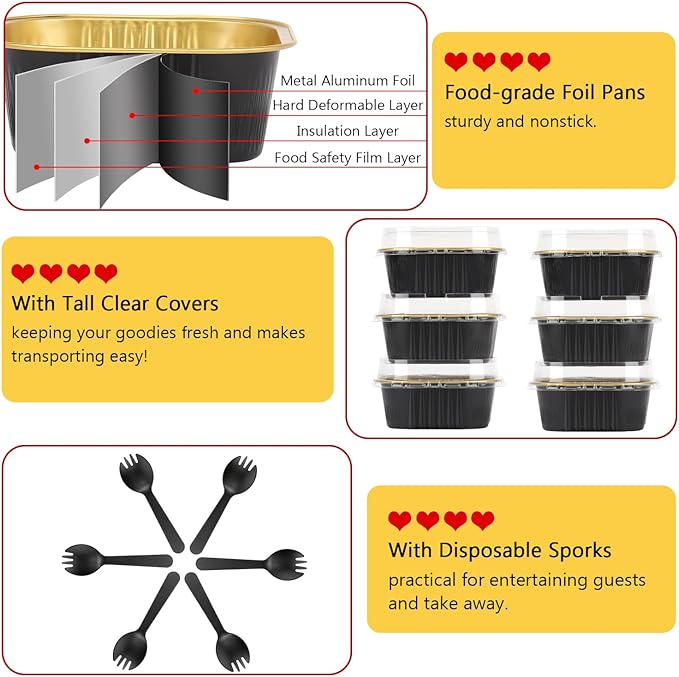 LNYZQUS 10oz Mini Cake Pans With Lids 40 Pack, Aluminum Foil Square Cupcake Liners Brownie Baking Cups,Disposable 4”x4” Large Cupcake Pan,Jumbo Muffin Tin Ramekins Holders-Black In Gold
