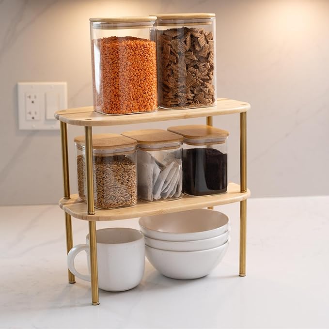 Ibyx Premium Kitchen Cabinet Organizer Shelf - Set of 2 Kitchen Counter Shelves - Stackable Shelf Racks for Cabinets - Bamboo Top with Metal Legs (Natural)