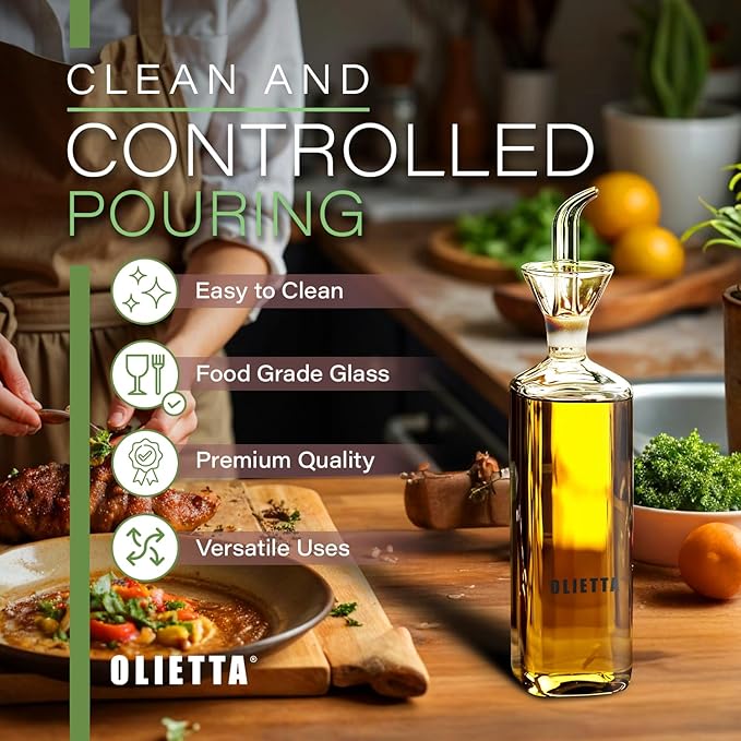 Olietta Olive Oil Dispenser Bottle Borosilicate Glass - Non Drip Oil Dispenser for Kitchen, Leak Proof Vinegar Drizzler Cruet, Easy Clean, 17 Ounces, Modern