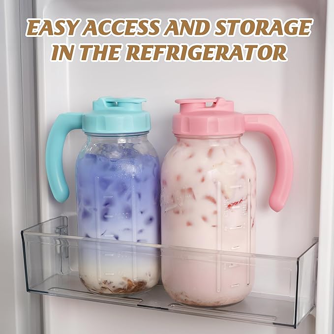 Soligt Glass Mason Jar Pitchers with Lids, Wide Mouth Flip Cap Pour Spout Leak-proof Lid with Handle, 64 oz/2 Quart, for Iced Coffee/Sun Tea Juice/Cold Brew/Milk (2 Pack, Taffy Pink + Baby Blue)