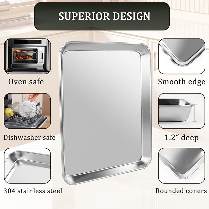 304 Stainless Steel Cookie Sheet, 12.4 * 9.5 Inch Baking Tray, Heat-Resistant Baking Sheet for Professional Kitchens and Home Baking, Silver
