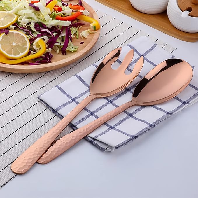 Salad Spoon and Fork Metal Tong Serving Set, Heavy Duty Hammered Finish 18/10 Stainless Steel Serving Utensils Large Salad Servers for Kitchen Party Buffet Supply (Rose Gold)