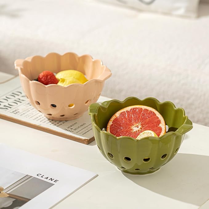 Small Ceramic Fruit Bowl,Scallop Stoneware Colander with Handles,Round Colorful Berry Basket,Fruit Container for Strawberry &Food Strainer,Soft Pink