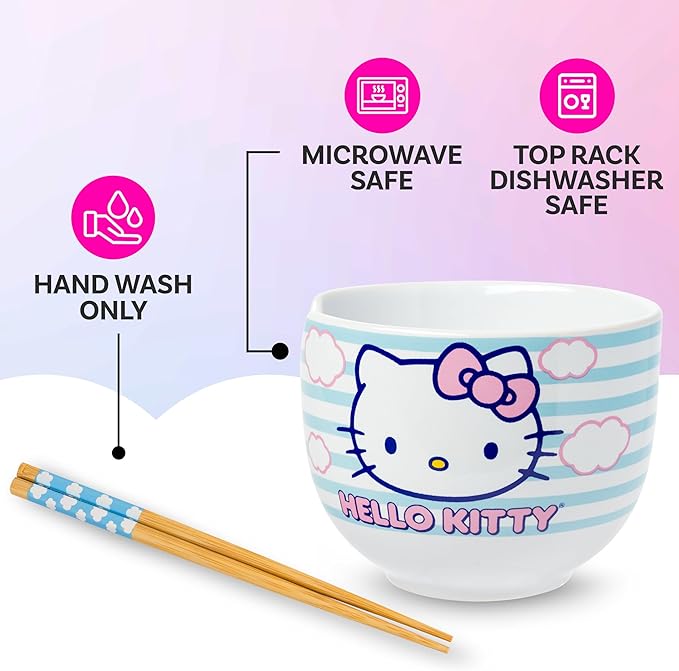 Silver Buffalo Sanrio Hello Kitty Blue and Pink Skies Ceramic Ramen Noodle Rice Bowl with Chopsticks, Microwave Safe, 20 Ounces