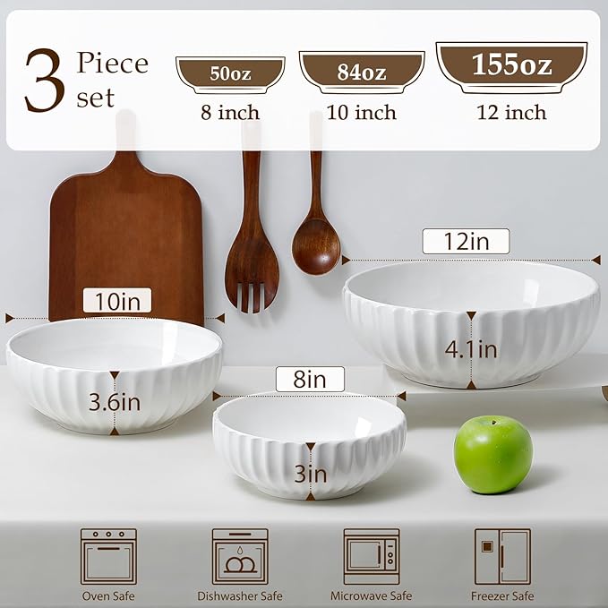 NUTRIUPS Extra Large Serving Bowls, 155/84/50 oz Nesting Ceramic Salad Bowl for Entertaining Party, 12/10/8 in White Bowl