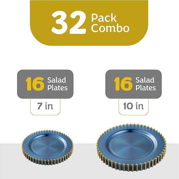 PLASTICPRO 32 Piece Combo Plastic Dinner Plates Disposable Plastic Fancy Heavy Duty Party Dishes 7 inch and 10 inch, Translucent Blue and Gold Beaded