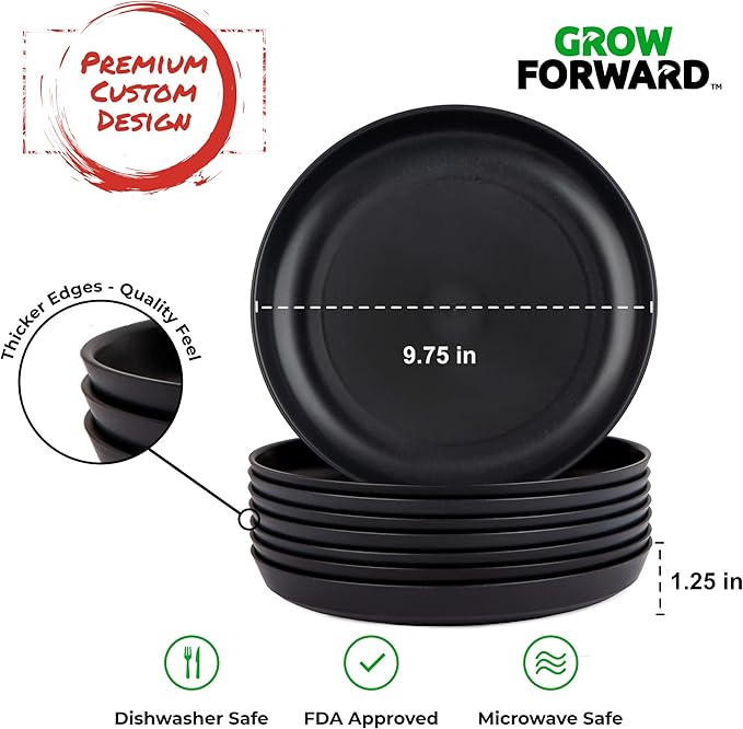 Grow Forward Premium Wheat Straw Plates - 10 Inch Reusable Hard Plastic Dinner Plates Set of 8 - Unbreakable Microwave Safe Plates for Dessert, Camping, RV, Outdoors, Patio, Kitchen Dishes - Midnight