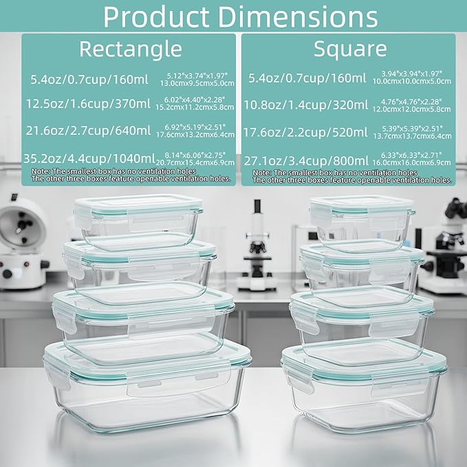 8 Pack Glass Meal Prep Containers with Lids, Glass Food Storage Containers with Airtight Vent Hole Lids, Lunch Containers Sets with lids Glass, Microwave Oven Freezer Dishwasher Safe