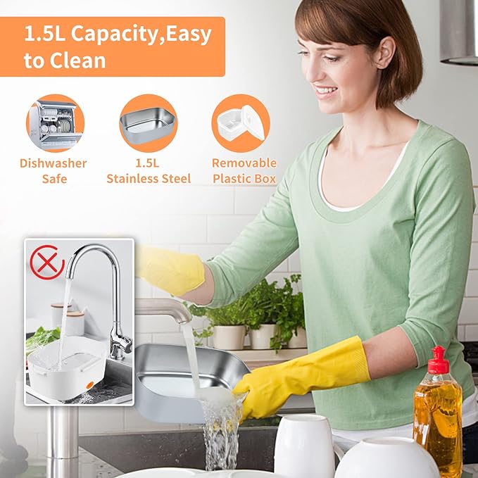 Electric Lunch Box, Food Warmer Heater 12V 24V 110V, 80W Faster Heated Lunch Box for Car/Truck/Home Portable Heating Boxes with 1.5L 304 SS Container Fork & Spoon, White+Orange