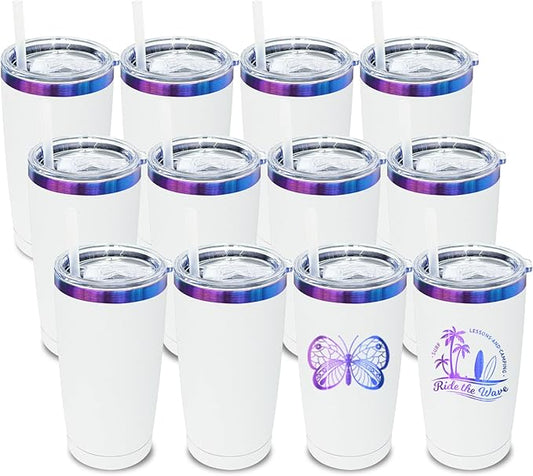 20 oz Tumbler Bulk 12 Pack Stainless Steel Tumblers with Lids and Straws, Double Wall Vacuum Insulated Travel Coffee Mug for Laser Engrave, Powder Coated Cups for Hot and Cold Drinks (White,12 pack)