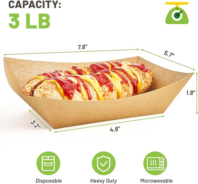 3 Lb Paper Food Trays - 50 Pack Disposable Nacho Trays, Kraft Paper Food Boats Taco Holders Party Serving Baskets for Hot Dogs Snacks Tacos Fries
