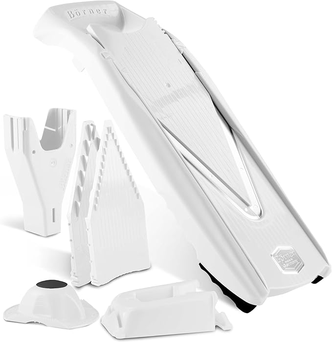 Mandoline Food Slicer Börner V5 (Profi Set) by Reston Lloyd • V-Slicer with 4 Inserts, Docking Station & Food Holder • Made in Germany • Fruit & Vegetable Chopper • Multiple Settings • Color: White