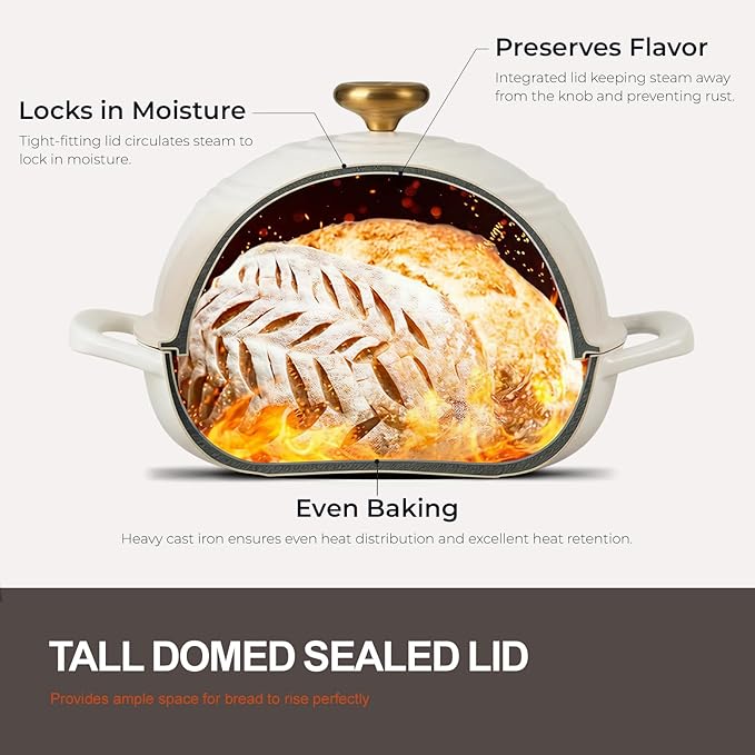 Overmont Enameled Cast Iron Bread Oven - 6QT Bread Dutch Oven for Sourdough Bread Baking - Bread Pot with Dome Lid Cotton Potholders & Cookbook - Multi-Functional Bread Pan For Baking Frying Roasting