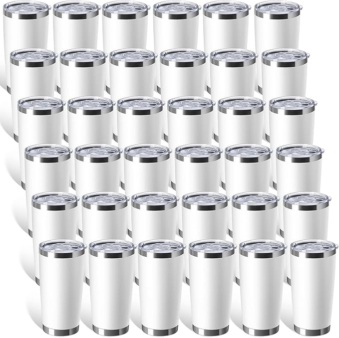 Sieral 36 Pack Stainless Steel Tumblers Bulk with Lids Double Wall Vacuum Insulated Coffee Cups Blank leakproof Powder Coated Tumblers for Engraving Wedding Graduation Party Favors(20 oz,White)