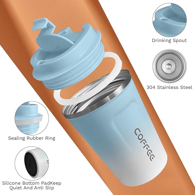 Travel Coffee Mugs Leak-Proof, Reusable Coffee Cups with Lids, Stainless Steel Vacuum Insulated Coffee Tumblers, Thermal Insulation Cup for Men & Women Hot & Cold Drinks(2nd-Blue White, 12OZ)