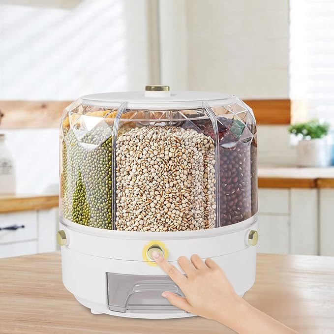 360° Rotating Grain Dispenser, Countertop 6 Compartment Dry Food Storage Containers Rice Storage Container Kitchen Airtight Food Storage Kitchen Countertop Organizer for Small Grains Beans