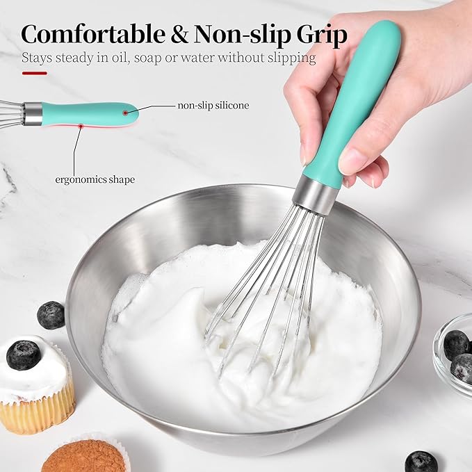 9.06in Kitchen Wire Whisk, 18/10 Stainless Steel Metal Balloon Wisk Heavy Duty Egg Beater whisker Hand Mixer for Cooking, Baking, Mixing, Stirring, Sauce, Flour, chocolate（Small, Turquoise）