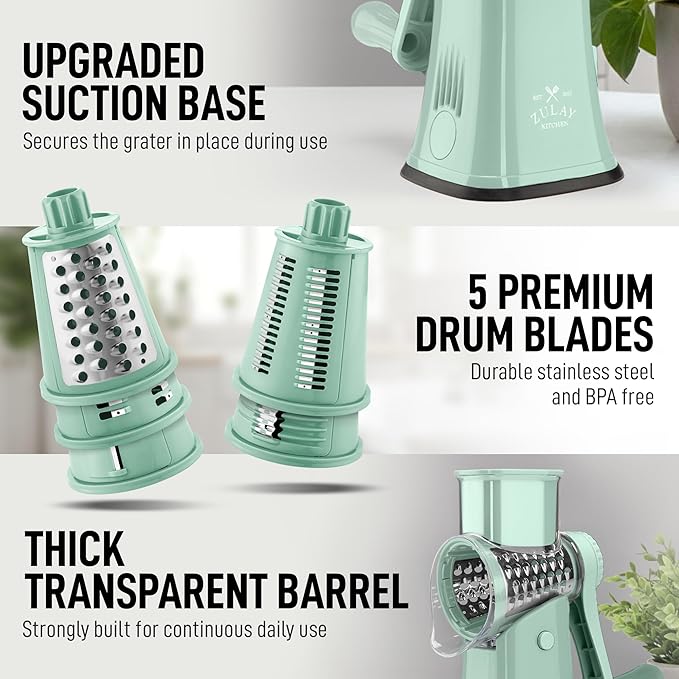 Zulay Kitchen Rotary Cheese Grater 5 Blade Cheese Shredder - Manual Hand Crank Cheese Grater With Reinforced Suction & 5 Interchangeable Drums - Easy to Use, Vegetable Chopper Round Mandoline Slicer