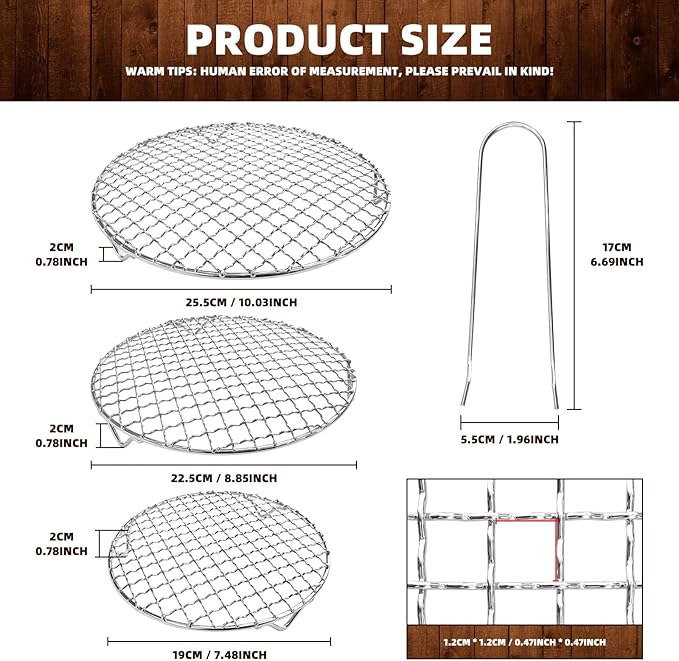 3Pcs Round Cooling Rack, 7.5" 9" 10" Cross Wire Cooling Racks Stainless Steel Barbecue Grill Rack Steamer Rack with 20mm Legs and Lifting Handle for Cooking Baking Steaming BBQ Air Fryer Pot