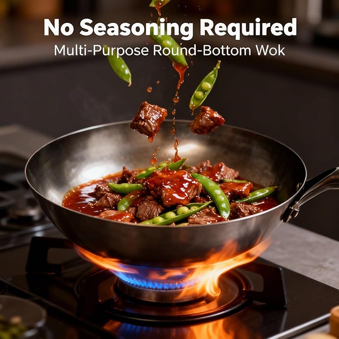 Calmabode 13" Pre-Seasoned Round Bottom Carbon Steel Wok with Lid - Hand-Forged Commercial Grade Chinese Wok for Gas Stovetops, Fast Even Heating, Toxin-Free Cooking
