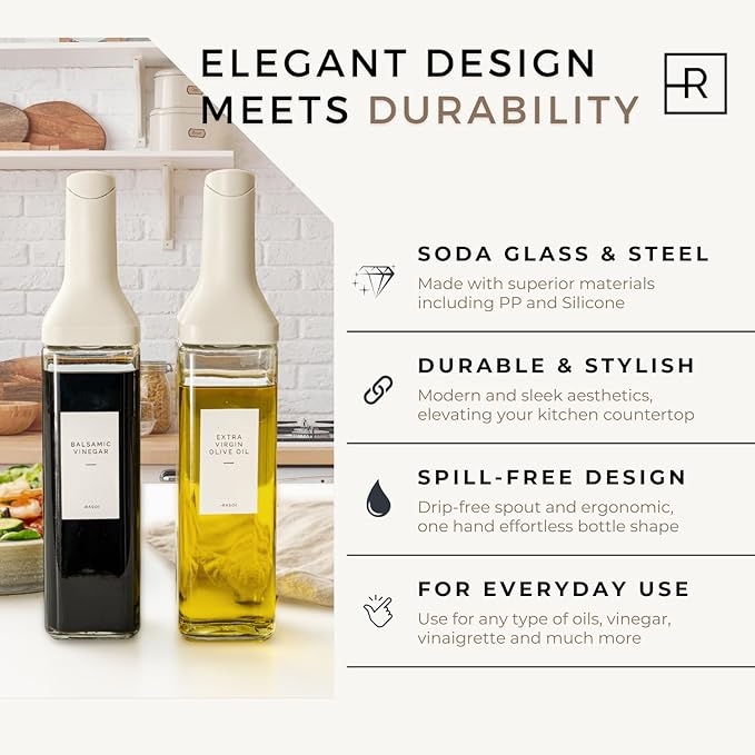 Oil Dispenser Bottle – Set of 2 12oz/350ml Oil and Vinegar Dispenser - Drip-Free Spout Glass Oil Dispenser – Kitchen Oil Dispenser with Automatic Pouring Lid - Olive Oil Bottle for Cooking
