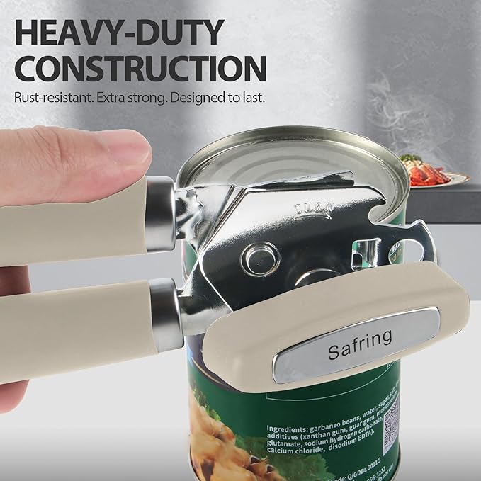 Can Opener Manual, Heavy Duty Handheld Strong Can Opener with Soft Touch Handle, Sharp Blade Smooth Edge, Can Openers with Multifunctional Bottle Opener, Beige