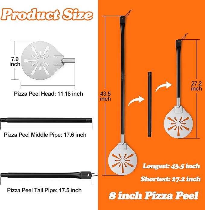 Pizza Peel with Pizza Cutter Wheel, HaSteeL 8-Inch Perforated Pizza Turner Spatula with Long Handle, Lightweight Stainless Steel Paddle Spinner for Home & Commercial Pizza Oven Accessories, Food Grade