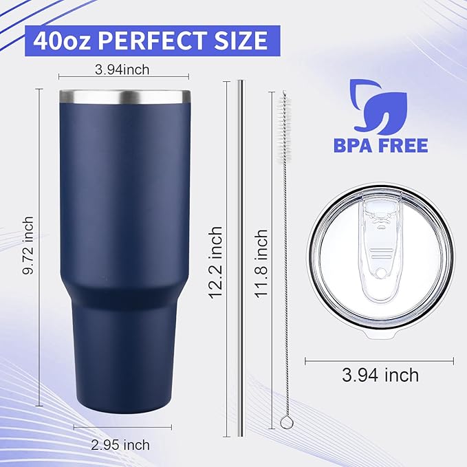 40 oz Tumbler with Lids and Straws Double Wall Vacuum Insulated Tumbler Cup,Stainless Steel Leak-proof Thermal Tumbler Powder Coated Travel Coffee Mug for Cold and Hot Drinks,Navy Blue