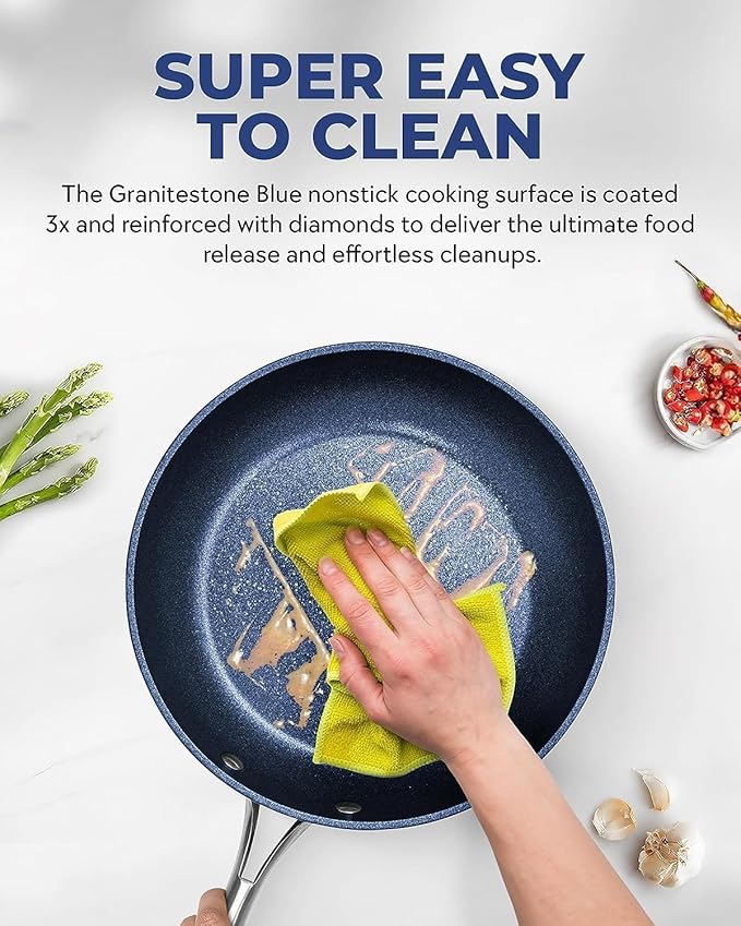 Granitestone Blue 12 Inch Nonstick Frying Pan With Mineral and Diamond Triple Coated Surface, Oven/Dishwasher Safe, 100% Non Toxic
