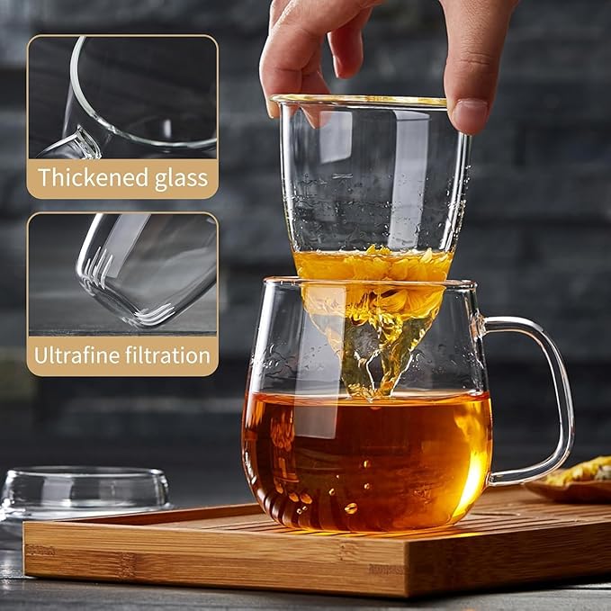 Large Glass Tea Cup, 34 oz Borosilicate Glass Tea Mug with Infuser and Lid, 1000ML Clear Tea Cups for Brewing Scented Tea and Tea Bag.