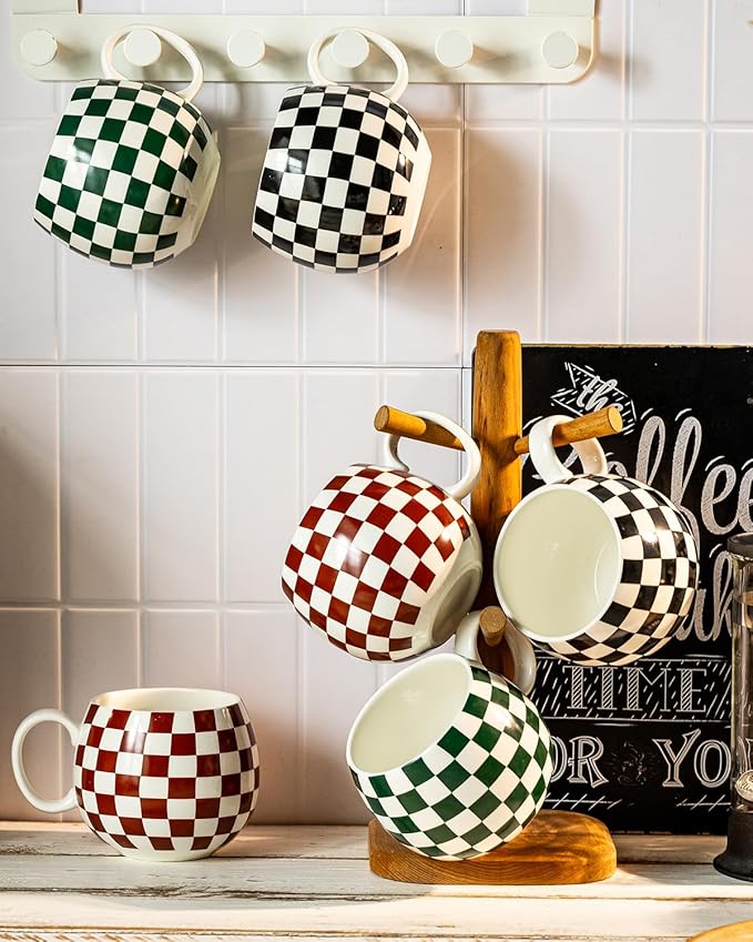 LAUCHUH 18oz Coffee Mugs, Large Coffee Cups Ceramic Checkered Cappuccino Cups with Handle Mug Set of 6 for Mother's Day, Tea, Cocoa, Milk, Green and White