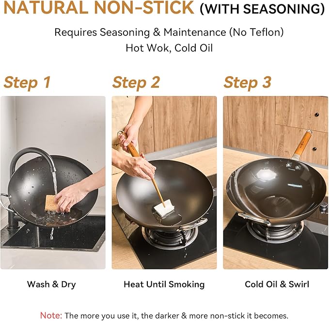 WANGYUANJI 14.2" Heavy Duty Carbon Steel Wok (Seasoning Required), Extra Large Refined Iron Stir Fry Pan for 4-6 People, Uncoated Flat Bottom Induction Wok