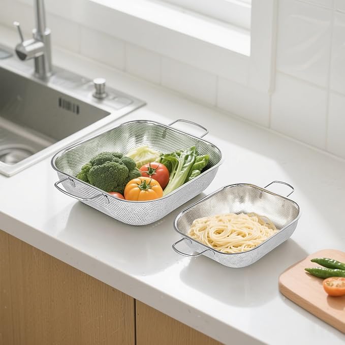 Colander Stainless Steel 3-Quart, Square Metal Strainers, Strainer for Kitchen Food, Dishwasher Safe