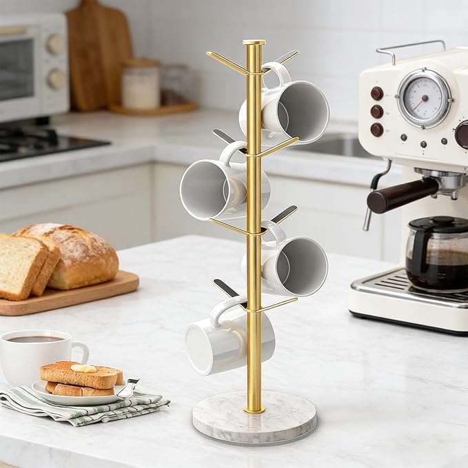 Gold Mug Holder Tree with Marble Base, 8 Hooks Coffee Cups Holder Stand, New Upgrad Stable Removable Mug Rack for Kitchen Cafe