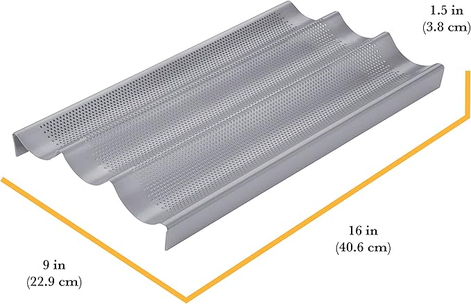 Chicago Metallic Commercial II Non-Stick Perforated Baguette Pan. Creates a crisp, golden-brown crust, 16 L x 9 W x 1.5 H