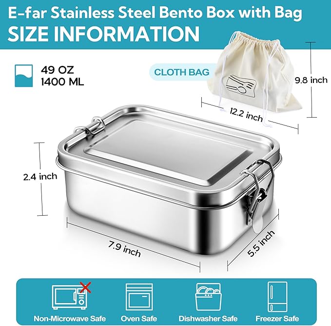 E-far Stainless Steel Lunch Box, 49oz Metal Bento Box Lunchbox w/Leak Proof Lid, 1400ml Medium Food Container w/Removable Divider & Bag, Reusable 3-Compartment Bento Lunch Container for Camping Picnic