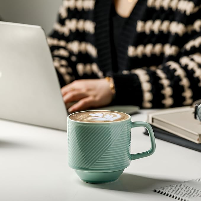 Stackable Coffee Mugs with Rack: 13 oz Stacking Ceramic Cups with Stand - Porcelain Stacked Tea Mug Set of 4 (Mint Green)