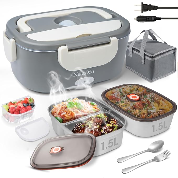 Heated Lunch Box for Men: 80W Electric Lunch Box with Dual Stainless Steel Containers - 12V/24V/110V Food Warmer with Utentils and Insulated Bag for Work, Truck Drivers, Office and Travel