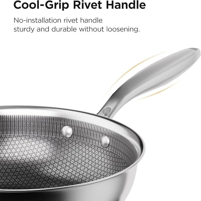COOKER KING 11-Inch Hybrid Stainless Steel Wok with Lid, Nonstick Stir Fry Pan & Deep Frying Pan, Tri-Ply Clad Honeycomb Everyday Pan, Induction Ready, Oven & Dishwasher Safe, PFOA Free